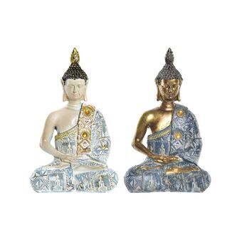 Prydnadsfigur DKD Home Decor Blå Gyllene Buddha Vit Harts (9,5 x 6,5 x 16 cm) (2 antal)