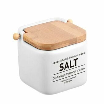 Saltkar med lock DKD Home Decor Naturell Vit Bambu Stengods (14 x 12 x 11 cm)