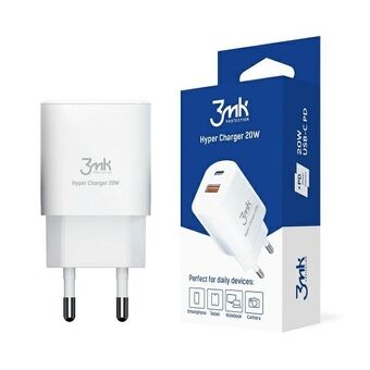 3MK HyperCharger 20W 1xUSB-C + 1xUSB-A laddare för vägguttag PD/QC