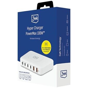 3MK Hyper Charger PowerMax 100W med 4xUSB-C och 2xUSB-A laddningsstation med QC+PD trådlös laddning.