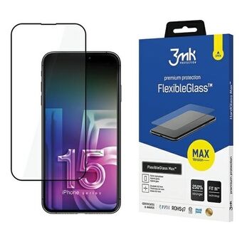 3MK FlexibleGlass Max iPhone 15 6.1" svart/svart, Hybridglas med förstärkta kanter.