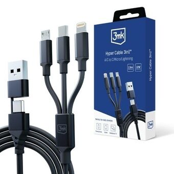 3MK Hyperkabel 3-i-1 USB-A/USB-C - USB-C/Micro/Lightning 1,5m Svart/Black kabel