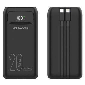 AWEI PowerBank P169K 20000mAh 22.5W svart med display + PD/Lightning-kablar