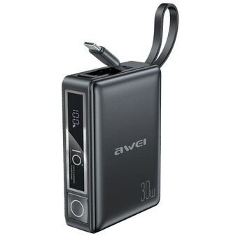 AWEI PowerBank med inbyggd kabel P87K 10000mAh svart/black 30W