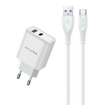 AWEI nätadapter PD81T-EU 22.5W + USB-kabel + USB-C vit/white GaN