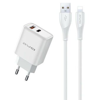 AWEI nätdel PD81L-EU 22,5W + USB-kabel + Lightning vit/vit GaN