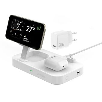 4smarts Trådlös laddare Trident 2-i-1 + USB-C + väggadapter 30W vit