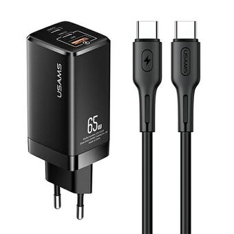 USAMS Ładowarka sieciowa MT 2xUSB-C+USB GaN 65W T33 PD + kabel USB-C-USB-C 100W Snabbladdning svart/black MTXLOGTC01