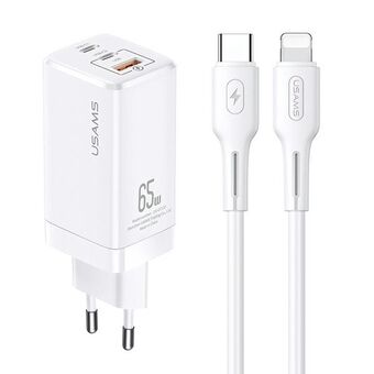 USAMS Väggladdare MT 2xUSB-C+USB GaN 65W T33 PD + kabel USB-C till Lightning 30W Snabbladdning vit/white MTXLOGTL02