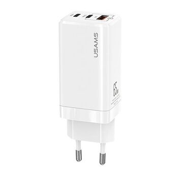 USAMS Laddningsadapter med dubbla USB-C och USB GaN 65W T33 PD (endast huvud) Snabbladdning vitt/vit CC110TC02 (US-CC110)