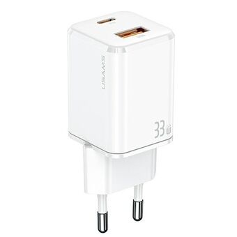 USAMS Väggladdare 1xUSB-C+1xUSB T43 33W (endast huvud) PD3.0 +QC3.0 Snabbladdning vit/white CC144TC02 (US-CC144)