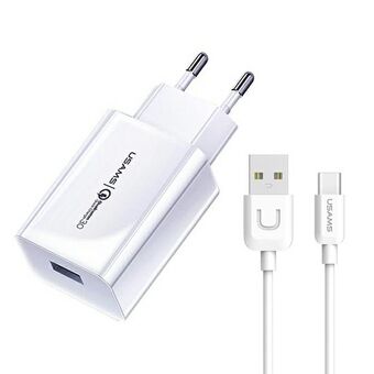 USAMS Laddare. Nätadapter. 1xUSB T22 18W 3A QC3.0 + USB-C kabel 1m vit (T48) T48OCLN01