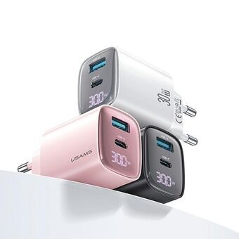 USAMS Ladd. nät. CC229 30W GaN USB-C/USB-A Snabbladdning XC-serie rosa/pink CC229TC03