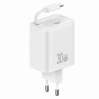 USAMS Nätadapter 1xUSB-C med indragbar USB-C-kabel Retractable PD+QC 30W Gan Snabbladdning vit/white YC Series CC241TC02 (US-CC241)