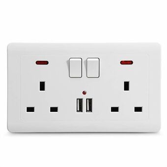 Dubbel vägguttag 2 Gang 13A 2 USB-laddarport Uttag White Plate UK Plug