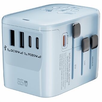 HHT906 PD 65W GaN Världsreseadapter med strömadapter 2xUSB+3xType-C Väggladdare Plug Omvandlare