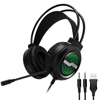 T-WOLF H130 Gaming Headset med färgstarkt ljus/brusreducerande mikrofon Trådbunden lätta hörlurar Sträckbara hörlurar med 3,5 mm-uttag för bärbar dator