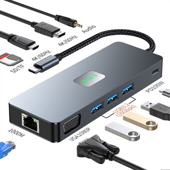 2309 Type-C till 11-Port USB Hub 4K 60Hz HD Skärmspegling Gigabit Ethernet-adapter Laptop Tablet Dockningstation