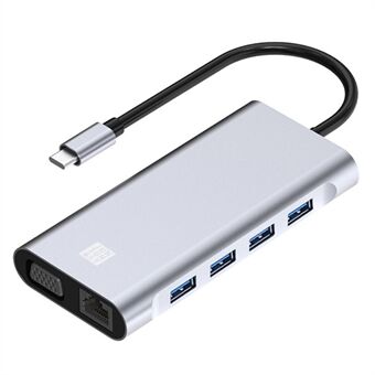 JUNSUNMAY JSM-HUB019 Multi-Port Adapter 11-i-1 Type-C Hub till 4K HD-videoutgång+87W PD-port+VGA+2xKortläsarplatser+USB 3.0+3xUSB 2.0+RJ45+3.5mm Aux-port