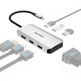 WAVLINK UMD304 7-i-1 Laptop Dockningsstation Konverter USB-C till Dubbel HD 4K / 60Hz / VGA / 3 USB2.0 Hub Adapter