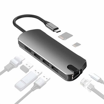 FX-1916 Type-C HUB 8 i 1 USB-C Adapter med 4K@30Hz HDMI / 100W PD USB C Port / USB 3.0 / RJ45 Ethernet / SD / TF Kortläsar Docksstation