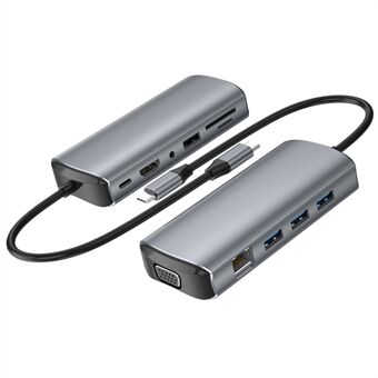 1928 11-i-1 Dockningsstation Typ-C till USB-C + USB2.0 + 3xUSB3.0 + SD / TF Kortplats + 3,5mm + 4K HD + VGA + RJ45 USB Hub Adapter