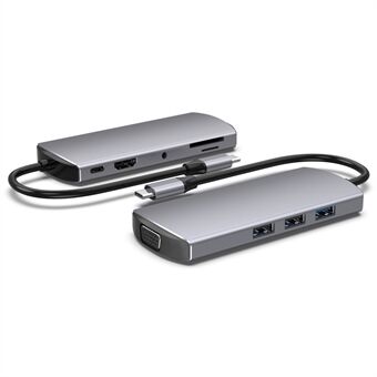 FX-1928G 9-i-1 USB Nav Dockningsstation Type-C till USB-C + 3xUSB3.0 + SD / TF Kortplats + 3,5mm + 4K HD + VGA Adapter