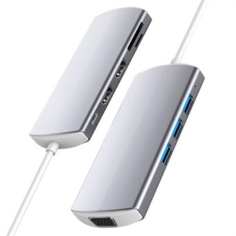 9-i-1 USB-hubb Typ-C till USB-C + 3xUSB3.0 + SD / TF Kortplats + 2xHD + VGA Adapter Dockningsstation