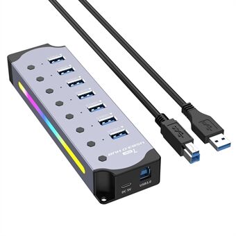 YX-H307 7 Portars USB 3.0 Hub med Individuella På / Av Strömbrytare och Lampor 5 Gbps Dataöverföring för Laptop / PC