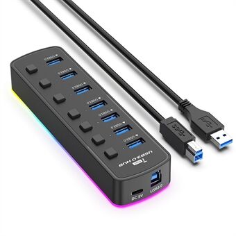 U307 7-Portars USB 3.0 Hub Splitter med individuella strömbrytare och 14 RGB-belysningslägen för dator och TV