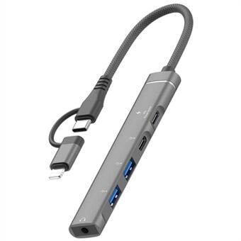 Type-C / 8-Pin 5-i-1 USB-Hubb Type-C Laddning + Type-C Data + 2xUSB + 3,5 mm Hörlursuttag Adapter