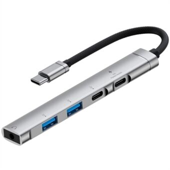 5-i-1 USB-hubb Typ-C till Typ-C Laddning + Typ-C Data + 2 x USB2.0 + 3,5 mm Hörlursuttag Adapter