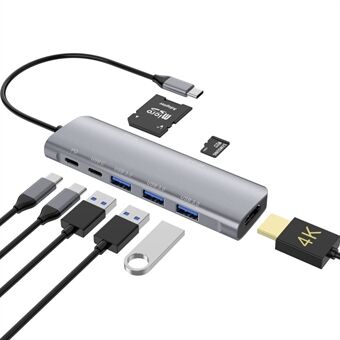 YSTC9038S 8 i 1 Bärbar USB C Hub Multifunktions höghastighetsdatasynkroniseringskonverterare USB C till HDMI USB3.0 TF-kortadapter