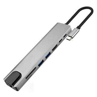 XCF-RJ45-285 8-i-1 USB-C Hub Adapter Bärbar Mini Type-C dockningsstation 10 / 100 Mbps RJ45 Type-C Hub till USB-C, USB, HD