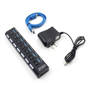 USB 3.0 Desktop-kabel På/Av-brytare 7-Port HUB för bärbar dator med nätadapter