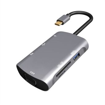 V217E 7 i 1 Type-C Hub Adapter Kabel HD VGA USB 2.0 / 3.0 SD / TF Kortläsare PD Laddningsstation för bärbar dator