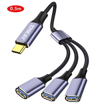 0,5m ENKAY ENK-CB171 Type-C till 3 USB 2.0 Laddningskabel OTG Splitter Y Förlängningssladd - Grå