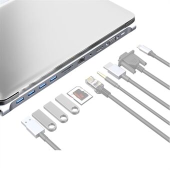 JUNSUNMAY JSM-HUB021 Type-C Dockningsstation 11-i-1 Multi-Port USB-C Hub Adapter Type-C till HD + VGA + RJ45 100Mbps etc. Multifunktionskonverterare