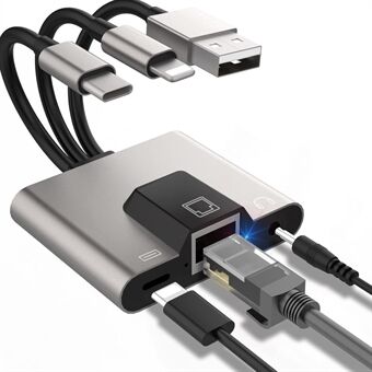 NK-1056S iP / USB-A / Typ-C 3-i-1 Ethernet-adapter med 3,5 mm ljuduttag för Windows / Mac OS / Telefon / Surfplatta