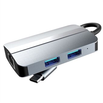 2112 Type-C 5-i-1 Hub Splitter RJ45+USB3.0+USB2.0+TF / SD-kortplatser Adapter Dockningsstation