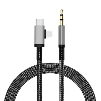 iP + Type-C 2-i-1 Bilens Audiokabel 1m Plug and Play Nylonflätad Ledning med 3,5 mm Jack