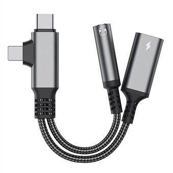 L-formad iP / USB-C till 3,5 mm hona + Type-C-laddningskabel för ljud- och laddningsadapter