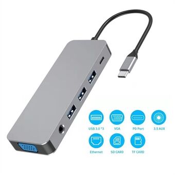 YK9321 11 i 1 aluminium typ C HUB USB C till USB3.0 VGA Ethernet TF-kort PD dockningsstation Adapterkabel för bärbar dator