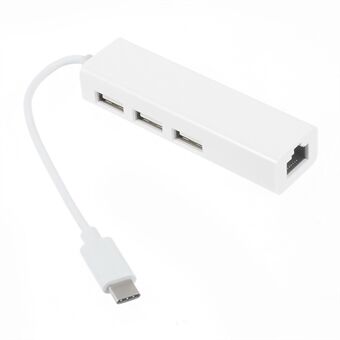 USB 3.1 Typ C till 3-portars USB 2.0 Hub med Gigabyte Ethernet-adapter för Apple New MacBook 12-tum - Vit