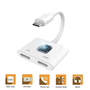 USB C Dubbel Type-C Splitter Digital Audio Laddningsadapter Konverterstöd PD Fast Charge - Vit