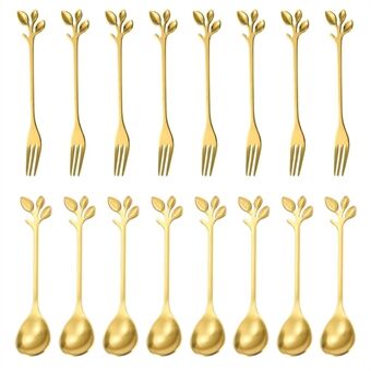 8 skedar + 8 gafflar Söt blad design rostfritt stål frukt dessert sked gaffel set (BPA-fri, inget FDA-certifikat) - Guld