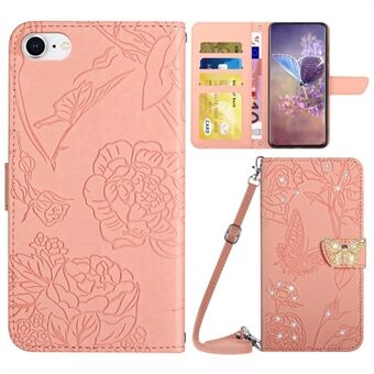 För iPhone 7 / 8 / SE (2020) / SE (2022) Telefonfodral, fjärilsblommor präglade Rhinestone Decor Plånboksställ Stand läderfodral med axelrem