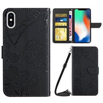 For iPhone X/XS  Imprinting Butterflies Flower Pattern PU Leather Wallet Stand Phone Case with Shoulder Strap