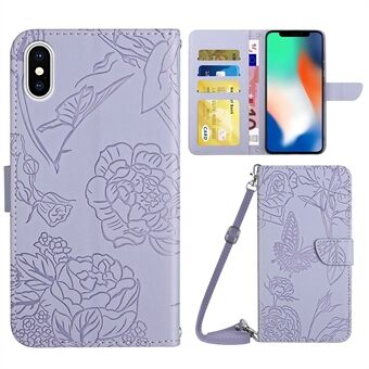 For iPhone X/XS  Imprinting Butterflies Flower Pattern PU Leather Wallet Stand Phone Case with Shoulder Strap