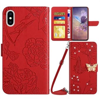 För iPhone X / XS Butterfly Flowers Imprinted Rhinestone Decor Telefonskydd Plånboksställ Stand läderfodral med axelrem